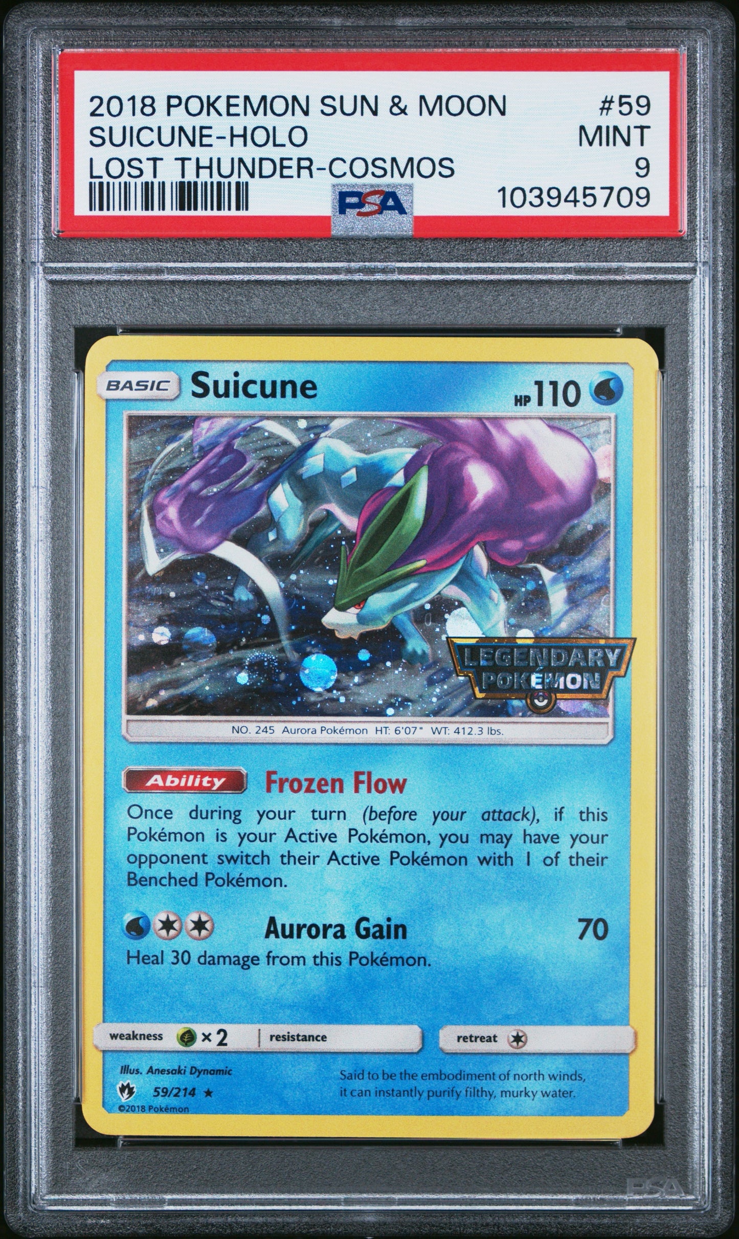 PSA 9 - Suicune Cosmos 59/214 SM Lost Thunder Legendary Stamp - Pokemon