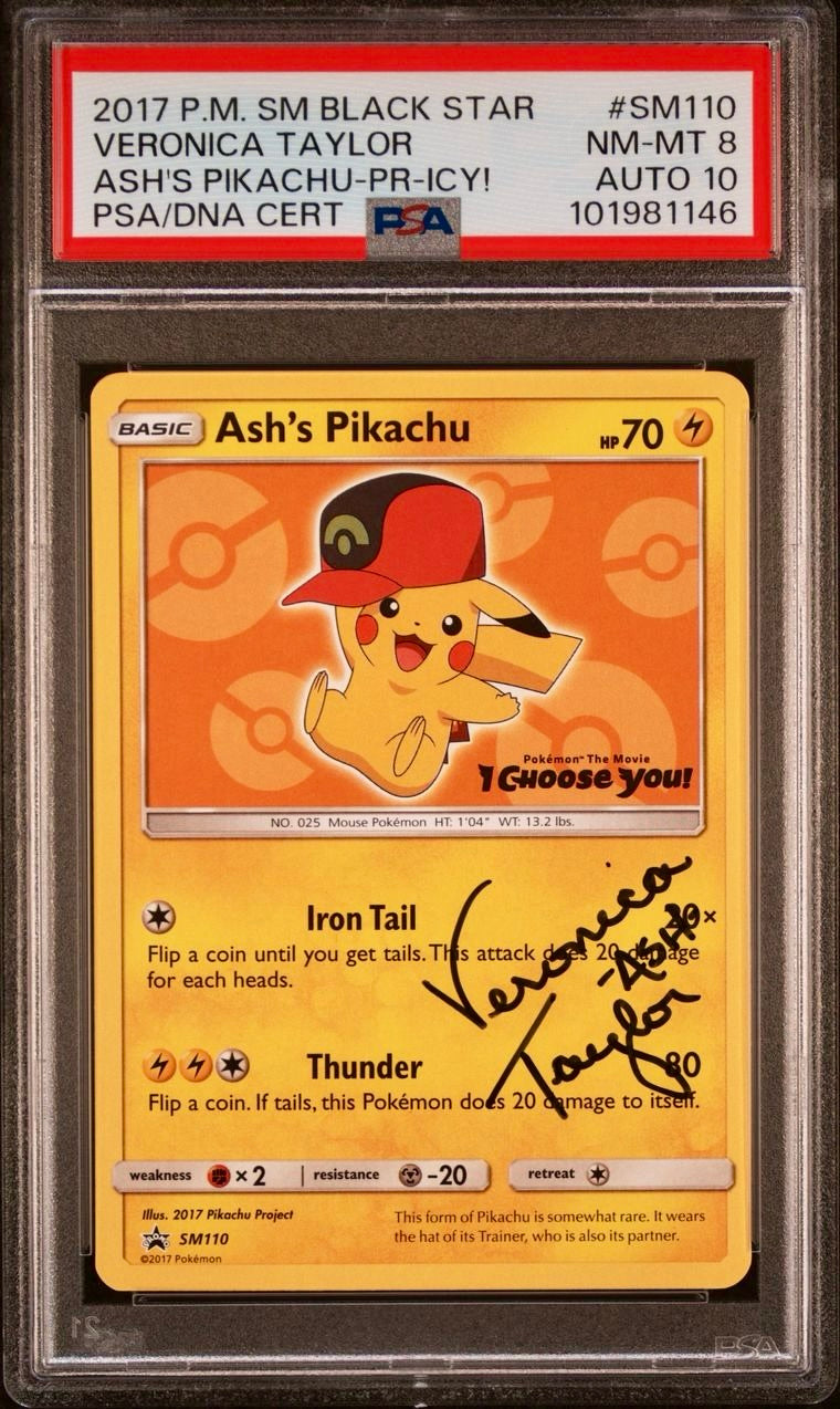 PSA 8 / AUTO 10 - Ash’s Pikachu SM110 Veronica Taylor - Pokemon