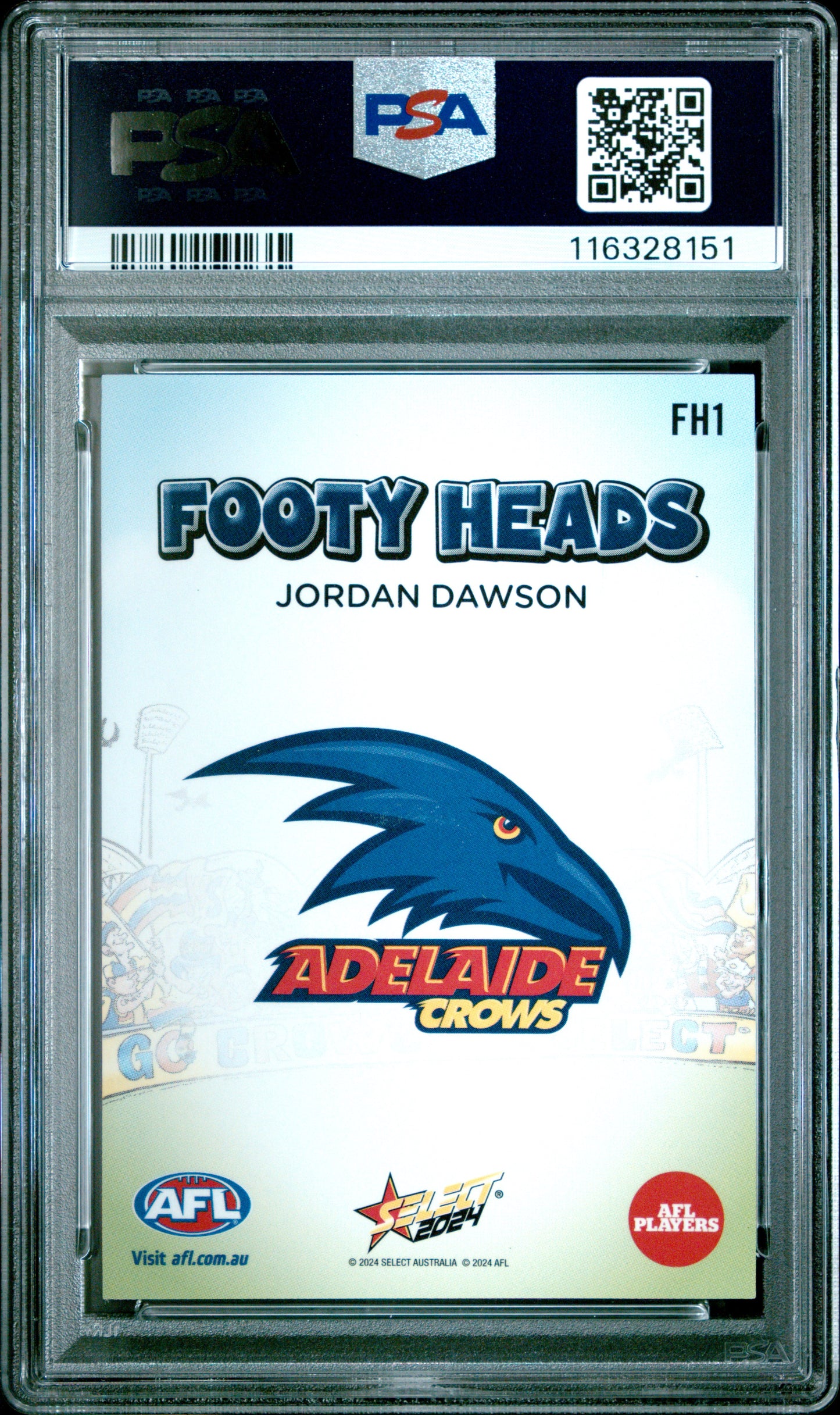PSA 10 - Jordan Dawson (Adelaide) #FH01 2024 SELECT Footy Heads - AFL
