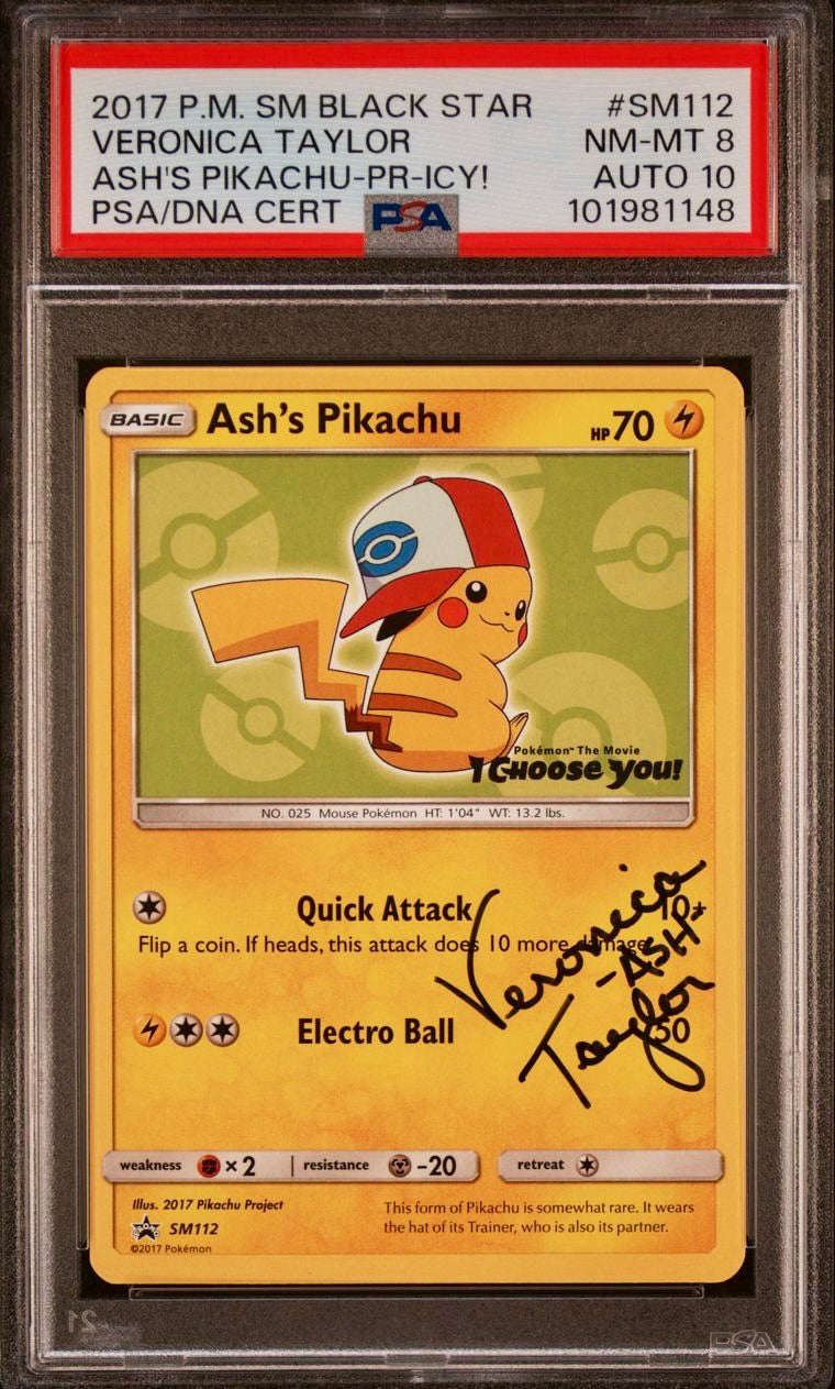 PSA 8 / AUTO 10 - Ash’s Pikachu SM112 Veronica Taylor - Pokemon