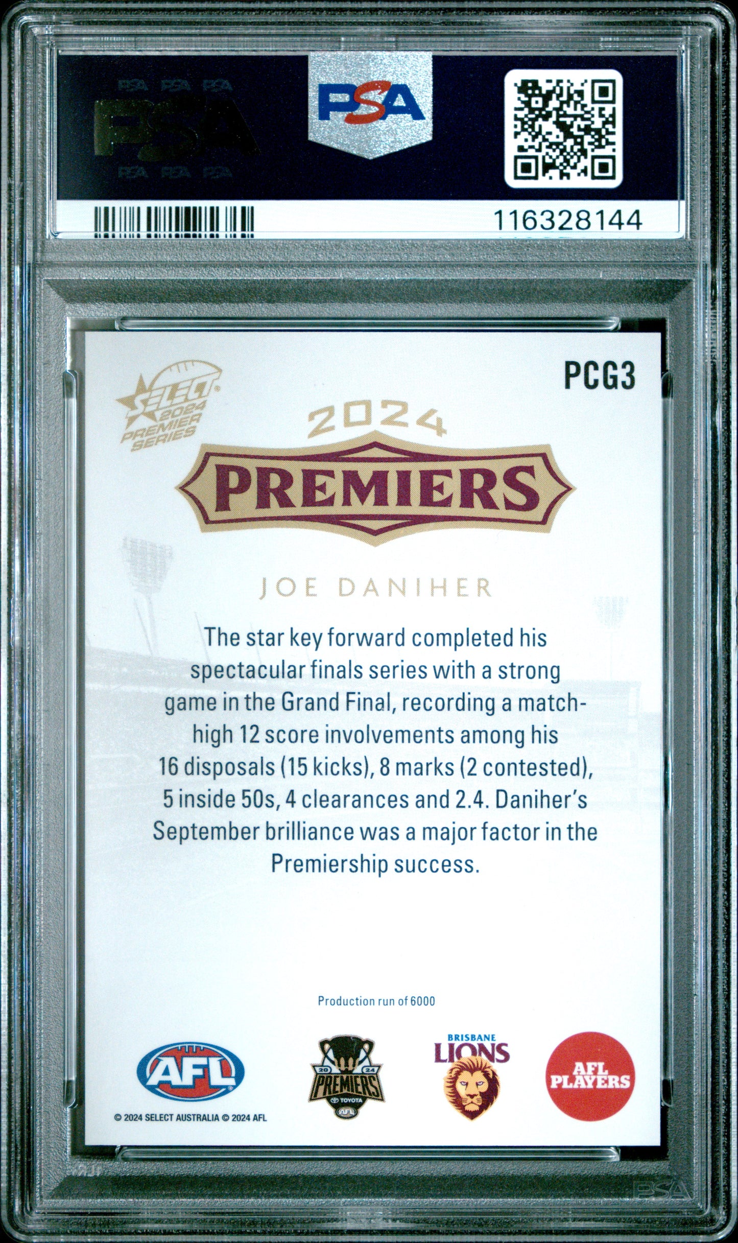PSA 10 - Joe Daniher (Brisbane) #PCG03 2024 SELECT Premier Series - AFL