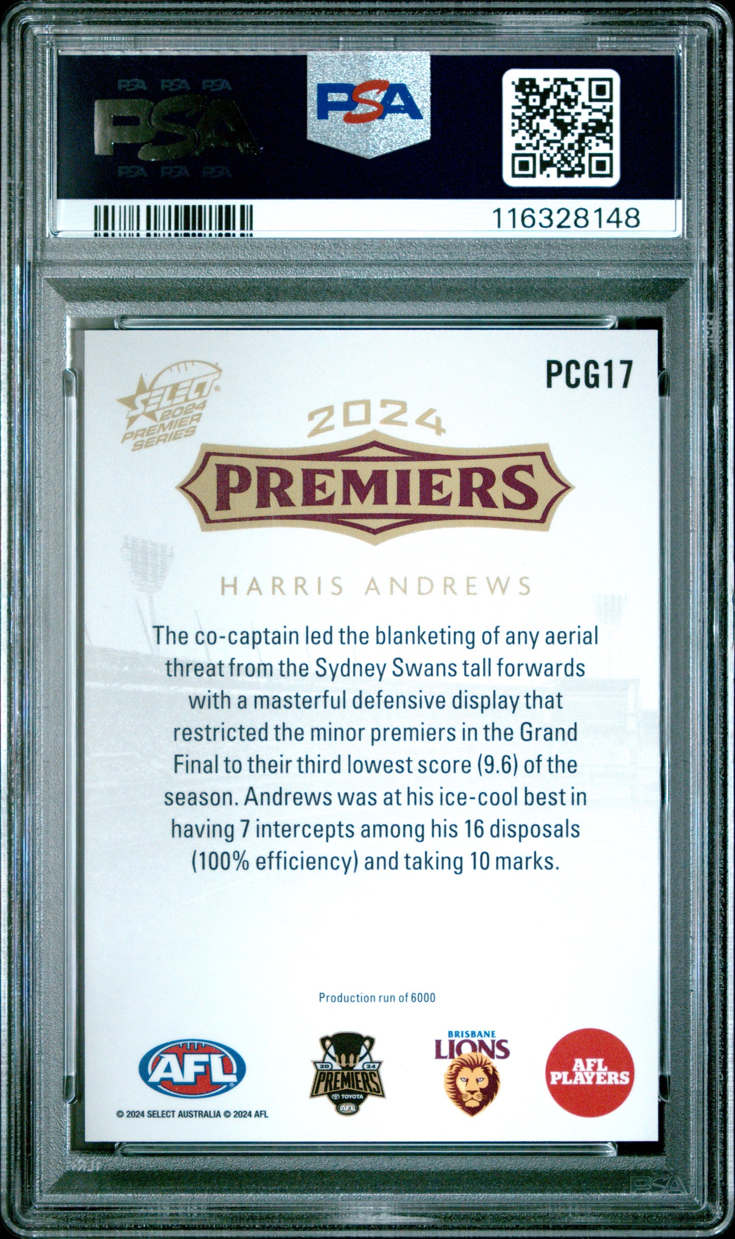 PSA 10 - Harris Andrews (Brisbane) #PCG17 2024 SELECT Premier Series - AFL