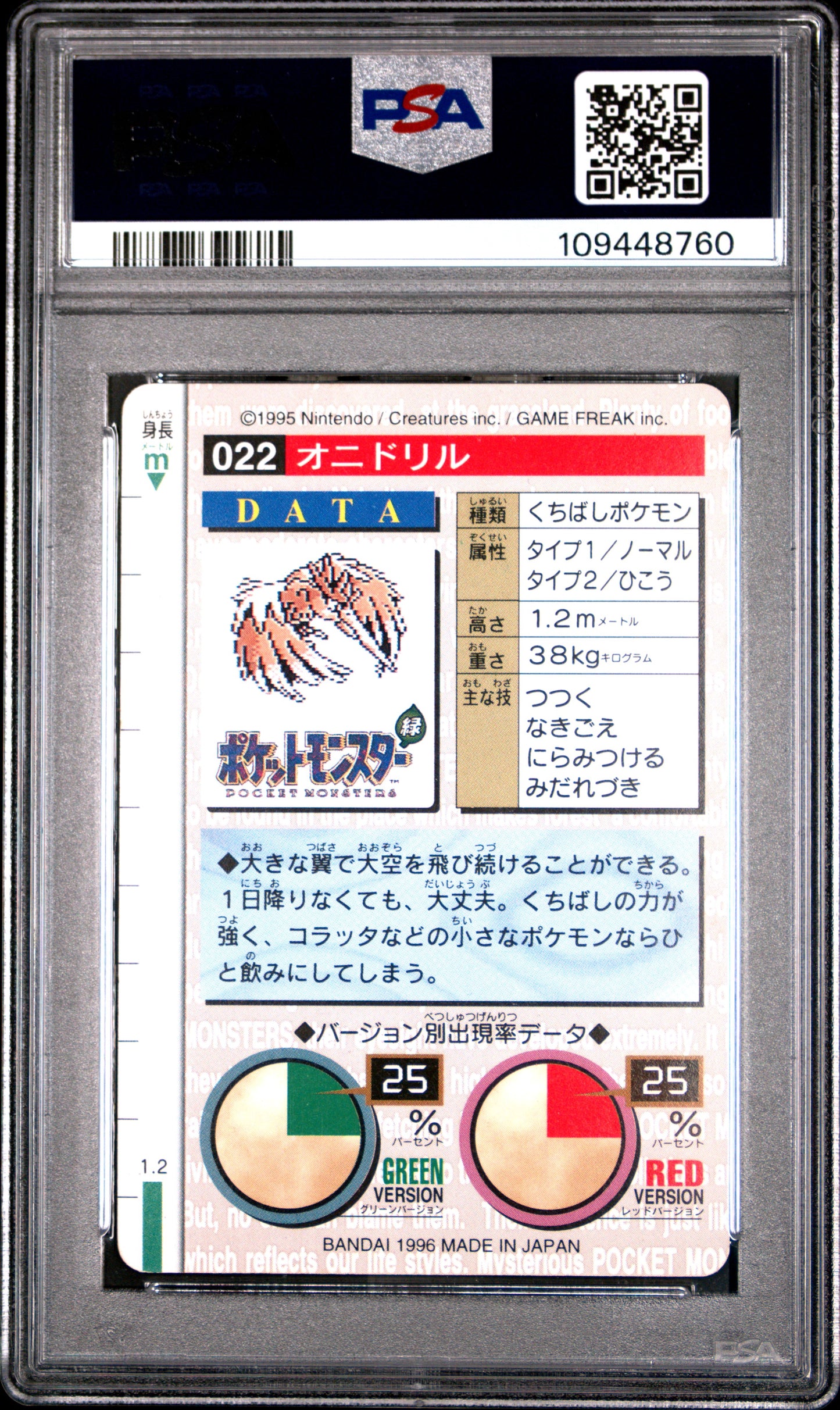 PSA 8 - Fearow #22 1996 JPN Bandai Carddass Vending - Pokemon