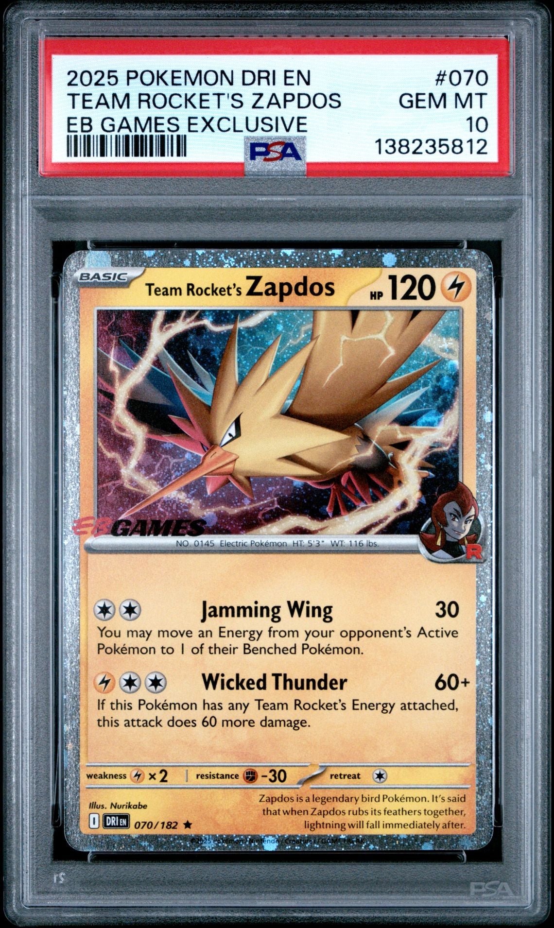 PSA 10 - Team Rocket's Zapdos Holo 070/182 EB Games Exclusive - Pokemo JustEncased PSA 10 - Team Rocket's Zapdos Holo 070/182 EB Games Exclusive - Pokemo JustEncased