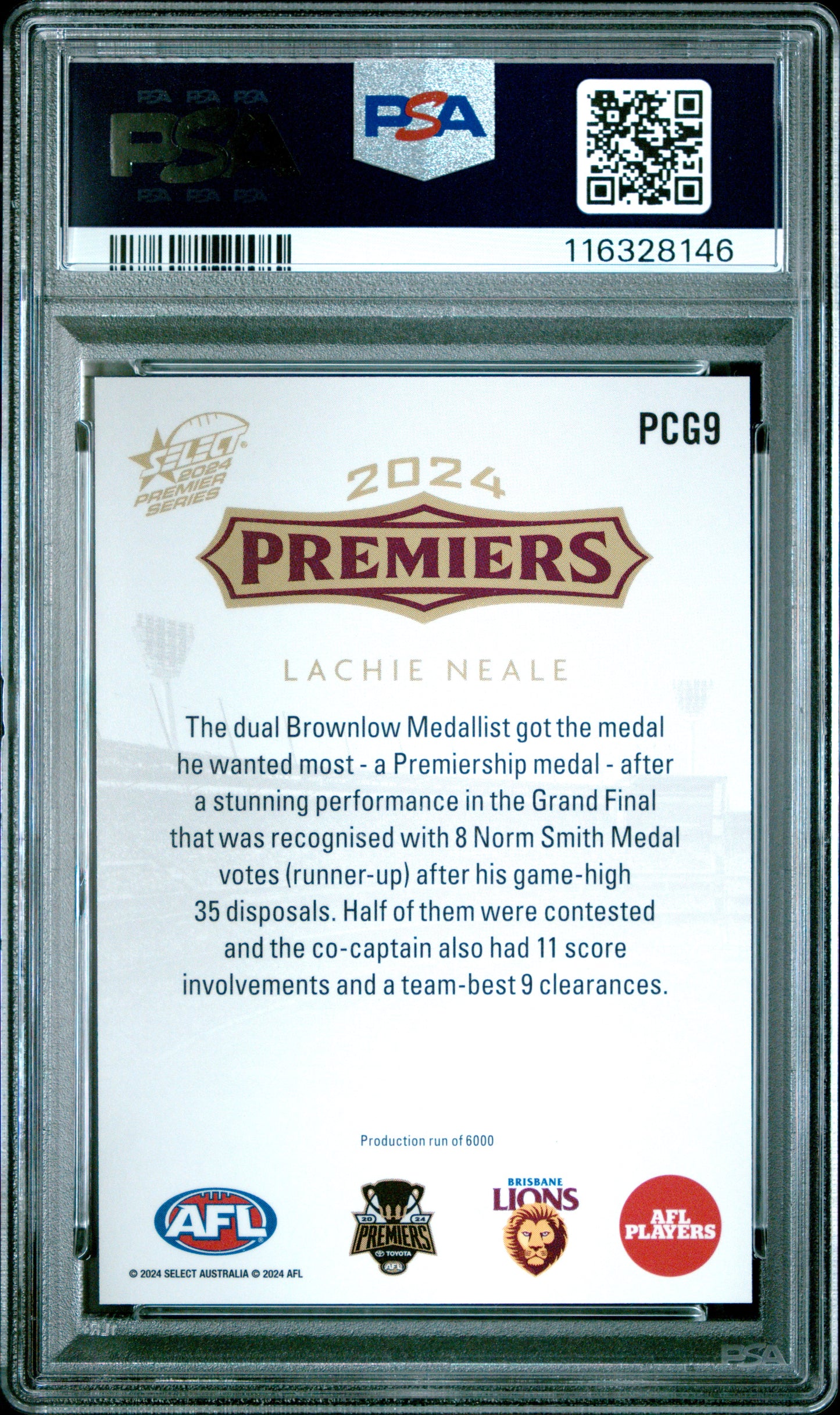 PSA 10 - Lachie Neale (Brisbane) #PCG09 2024 SELECT Premier Series - AFL
