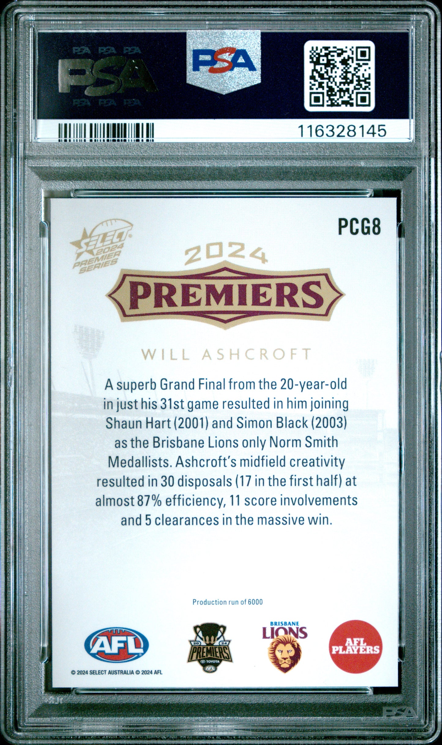PSA 10 - Will Ashcroft (Brisbane) #PCG08 2024 SELECT Premier Series - AFL