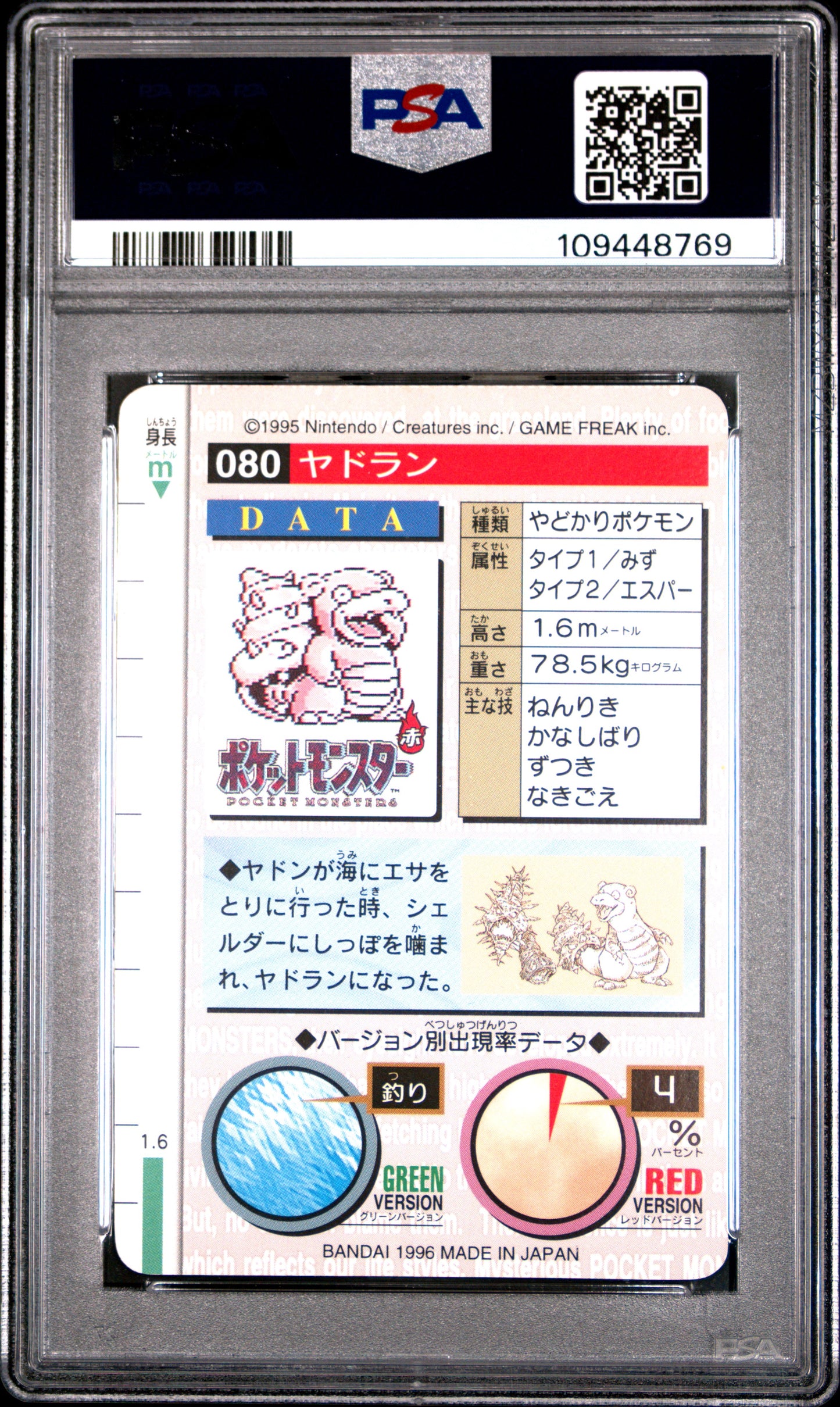PSA 9 - Slowbro #80 1996 JPN Bandai Carddass Vending - Pokemon
