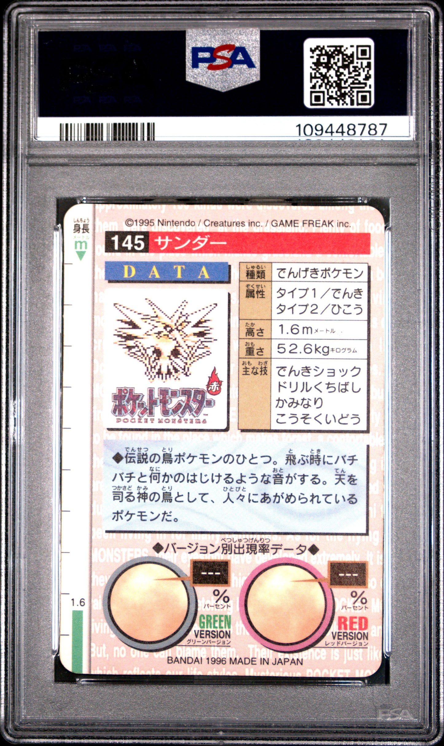 PSA 8 - Zapdos Prism #145 1996 JPN Bandai Carddass Vending - Pokemon