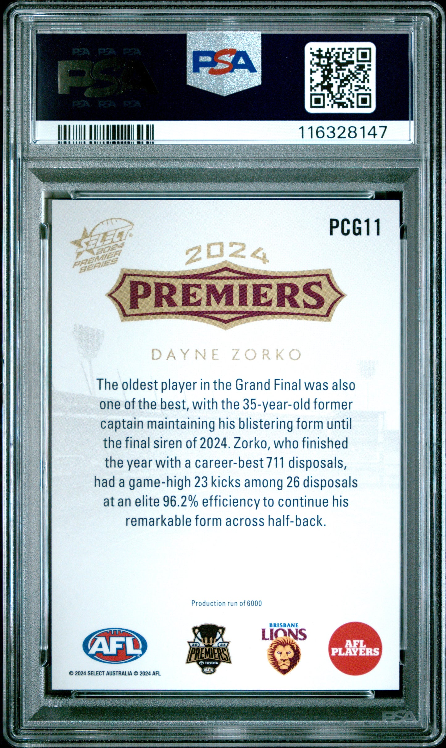 PSA 10 - Dayne Zorko (Brisbane) #PCG11 2024 SELECT Premier Series - AFL