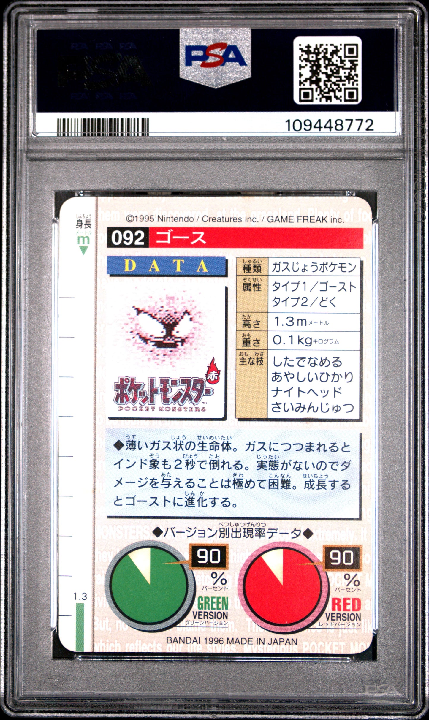 PSA 8 - Gastly #92 1996 JPN Bandai Carddass Vending - Pokemon