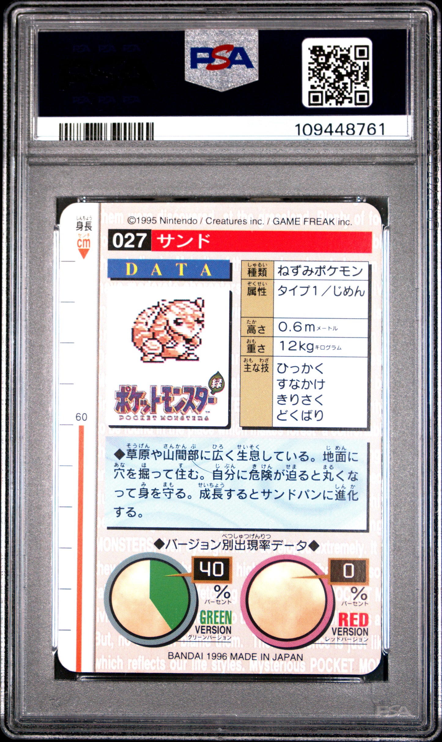 PSA 9 - Sandshrew #27 1996 JPN Bandai Carddass Vending - Pokemon