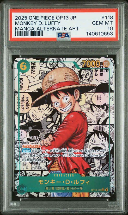 PSA 10 - Monkey D. Luffy OP13-118 SEC Manga Alternate Art Japanese - One Piece