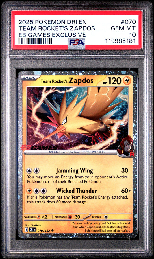 PSA 10 - Team Rocket's Zapdos Holo 070/182 EB Games Exclusive - Pokemon