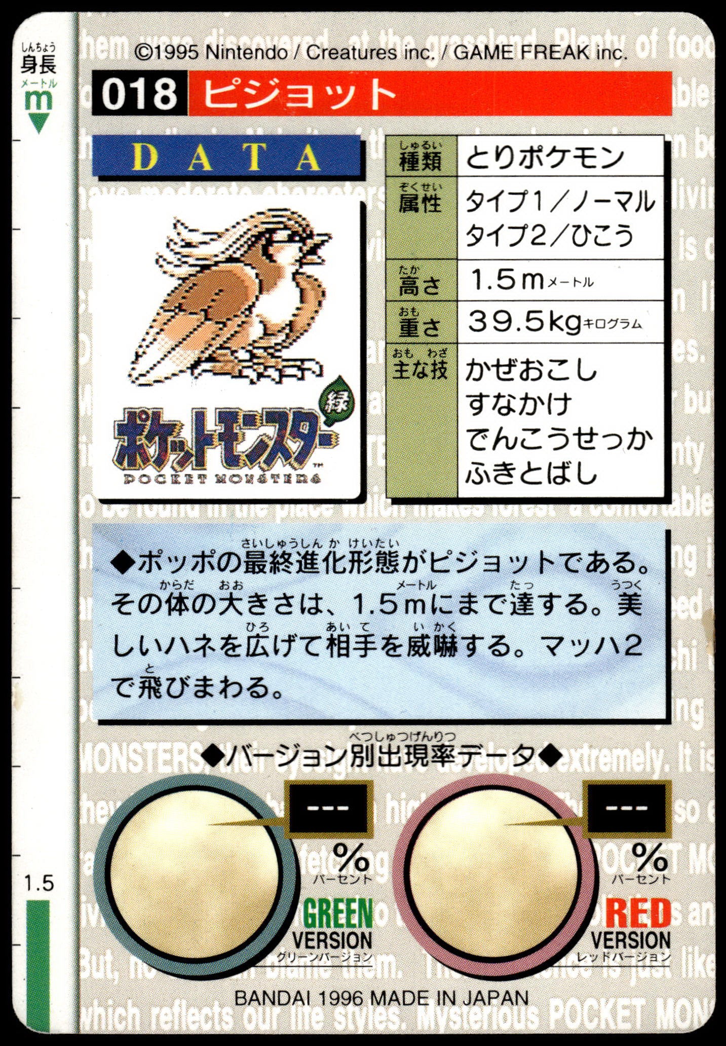 Pidgeot #018 Green 1996 JPN Bandai Carddass Vending Pokemon [NM] (1)