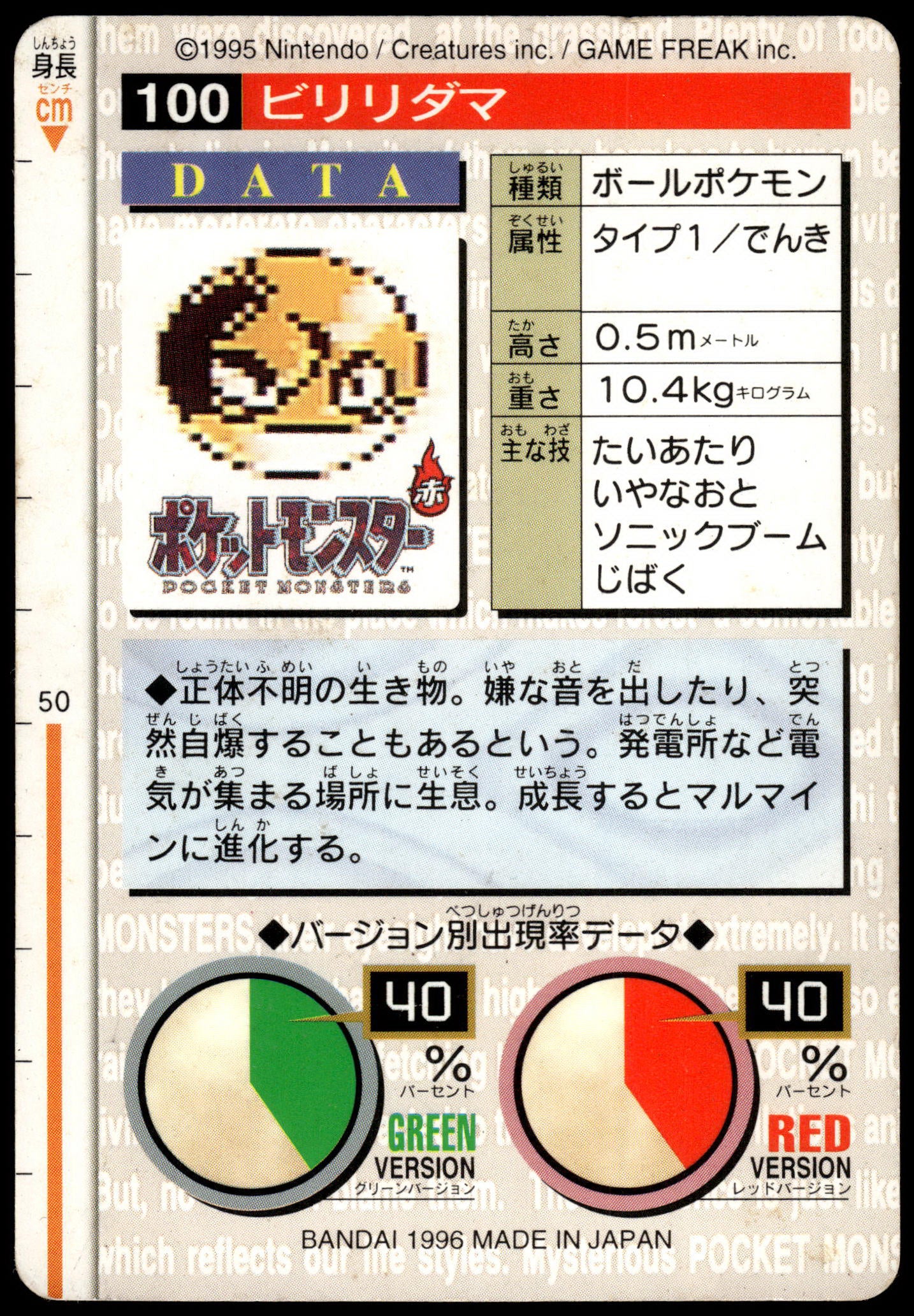 Voltorb #100 Green 1996 JPN Bandai Carddass Vending Pokemon [PL] (1)