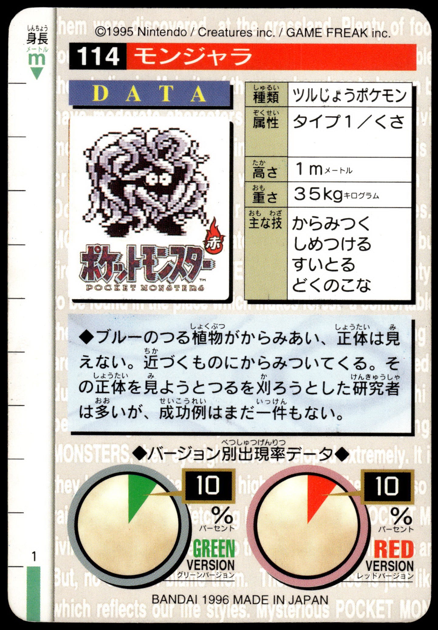 Tangela #114 Green 1996 JPN Bandai Carddass Vending Pokemon [PL] (1)