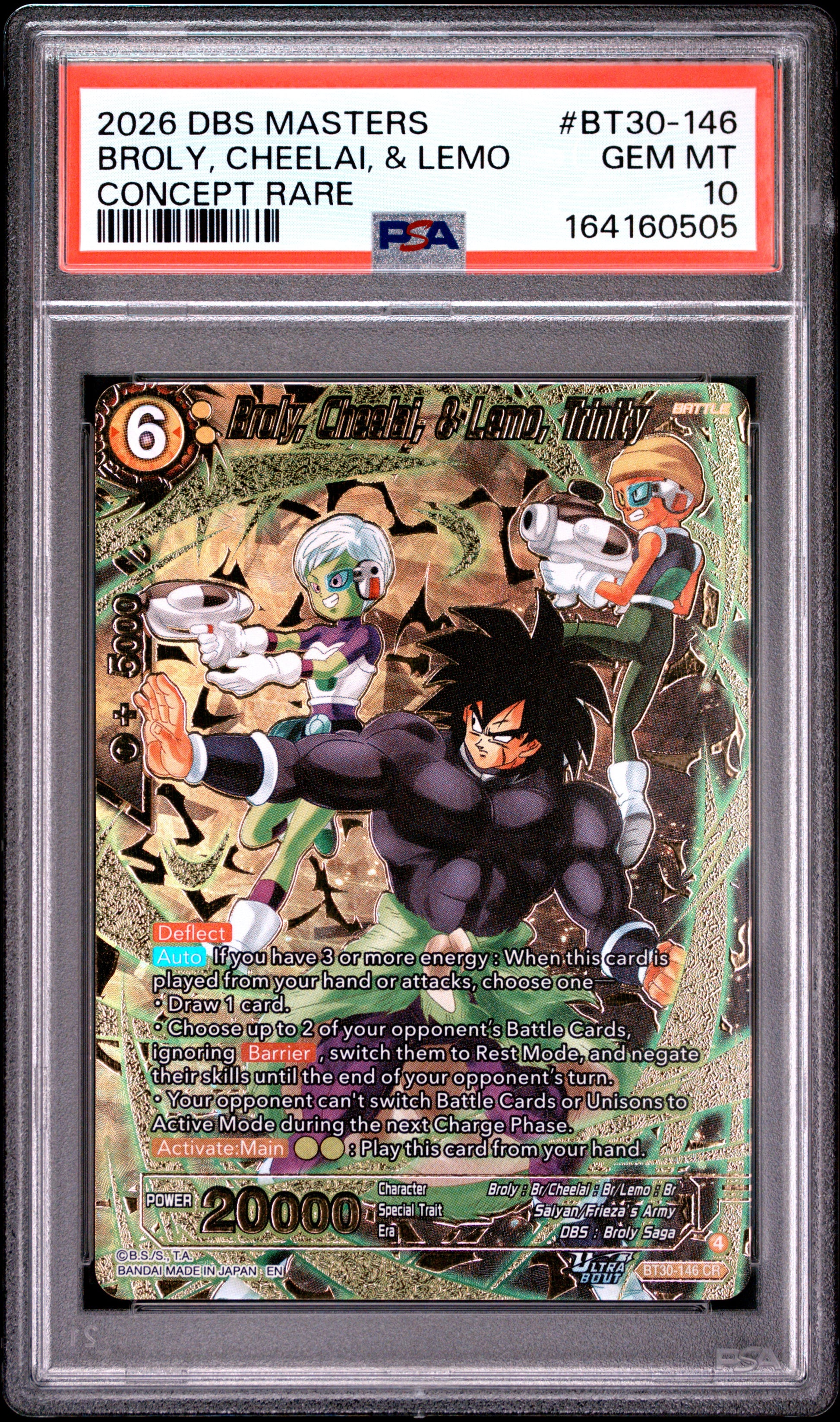 PSA 10 - Broly, Cheelai, Lemo Trinity BT30-146 CR Masters x505 - Dragon Ball