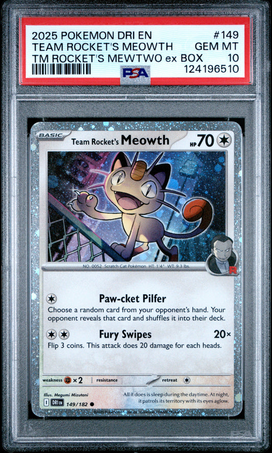 PSA 10 - Rocket's Meowth Cosmos Holo 149/182 SV Mewtwo ex Box Promo - Pokemon