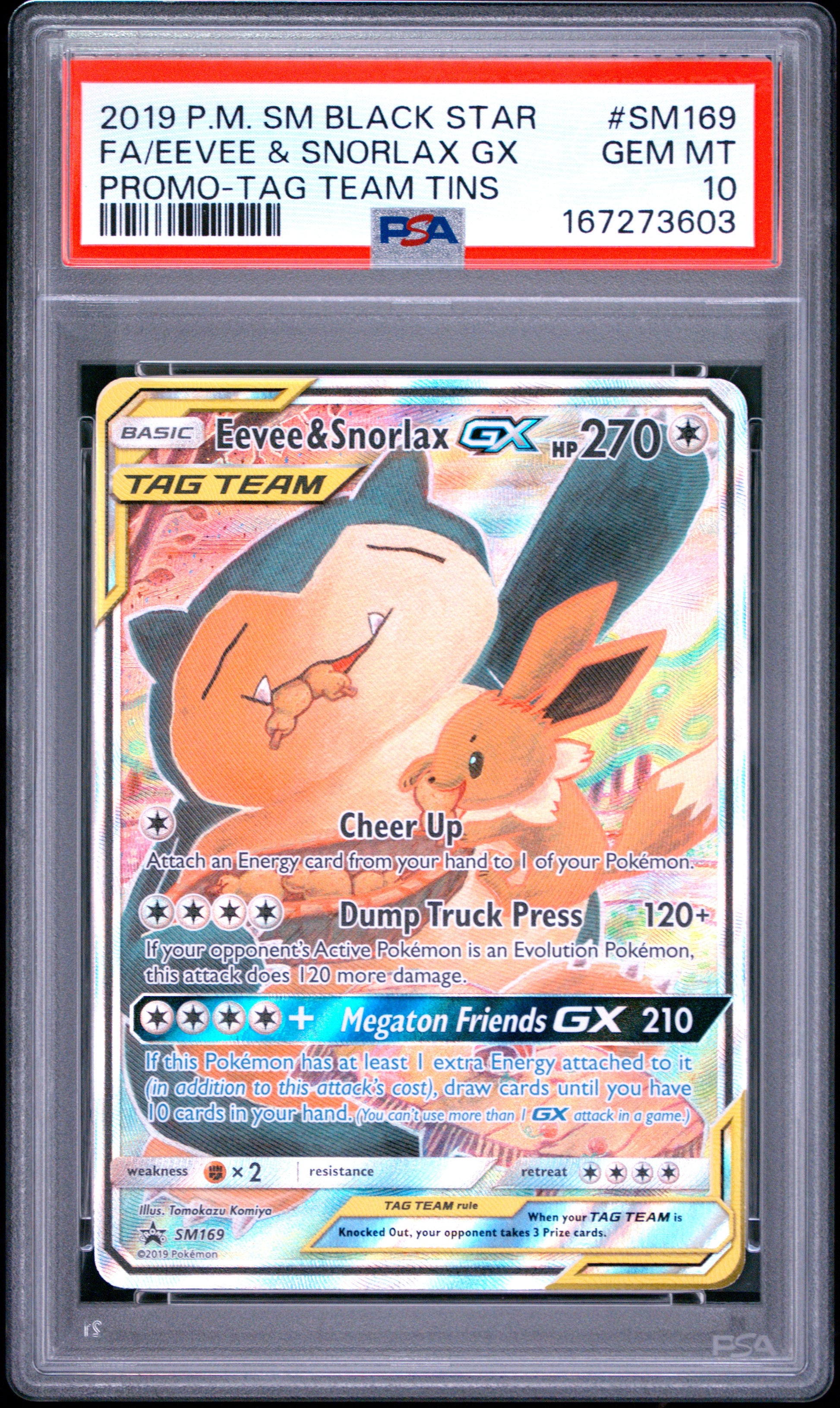 PSA 10 - Eevee & Snorlax GX SM169 Tag Team Tins Promo x603 - Pokemon