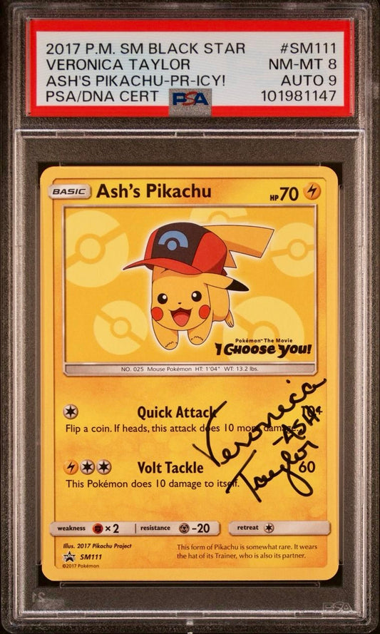 PSA 8 / AUTO 9 - Ash’s Pikachu SM111 Veronica Taylor - Pokemon
