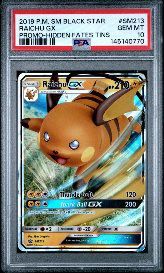 PSA 10 - Raichu GX SM213 Hidden Fates Tins Black Star Promo x770 - Pokemon