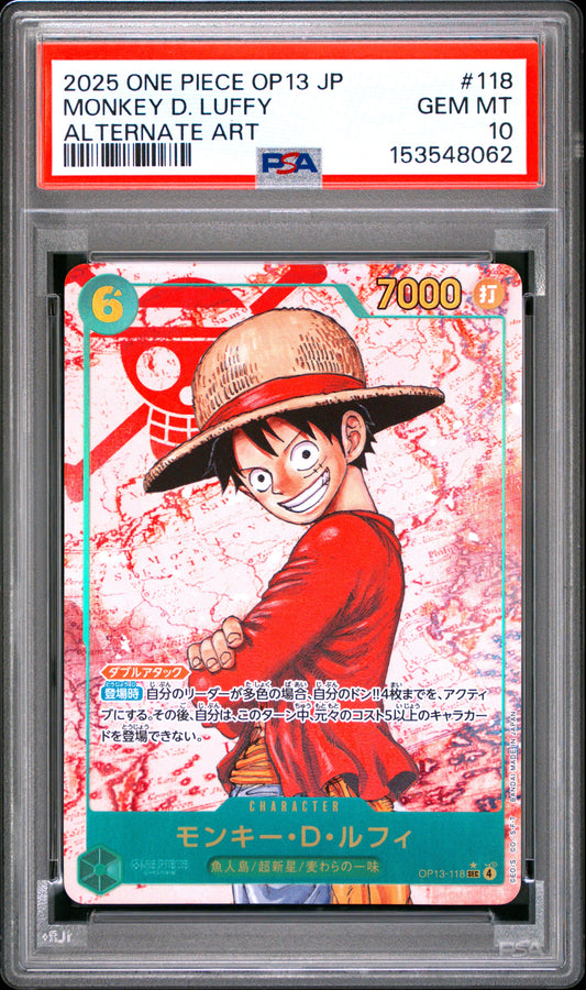 PSA 10 - Monkey D. Luffy OP13-118 Alternate Art Japanese x062 - One Piece