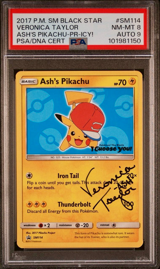 PSA 8 / AUTO 9 - Ash’s Pikachu SM114 Veronica Taylor - Pokemon