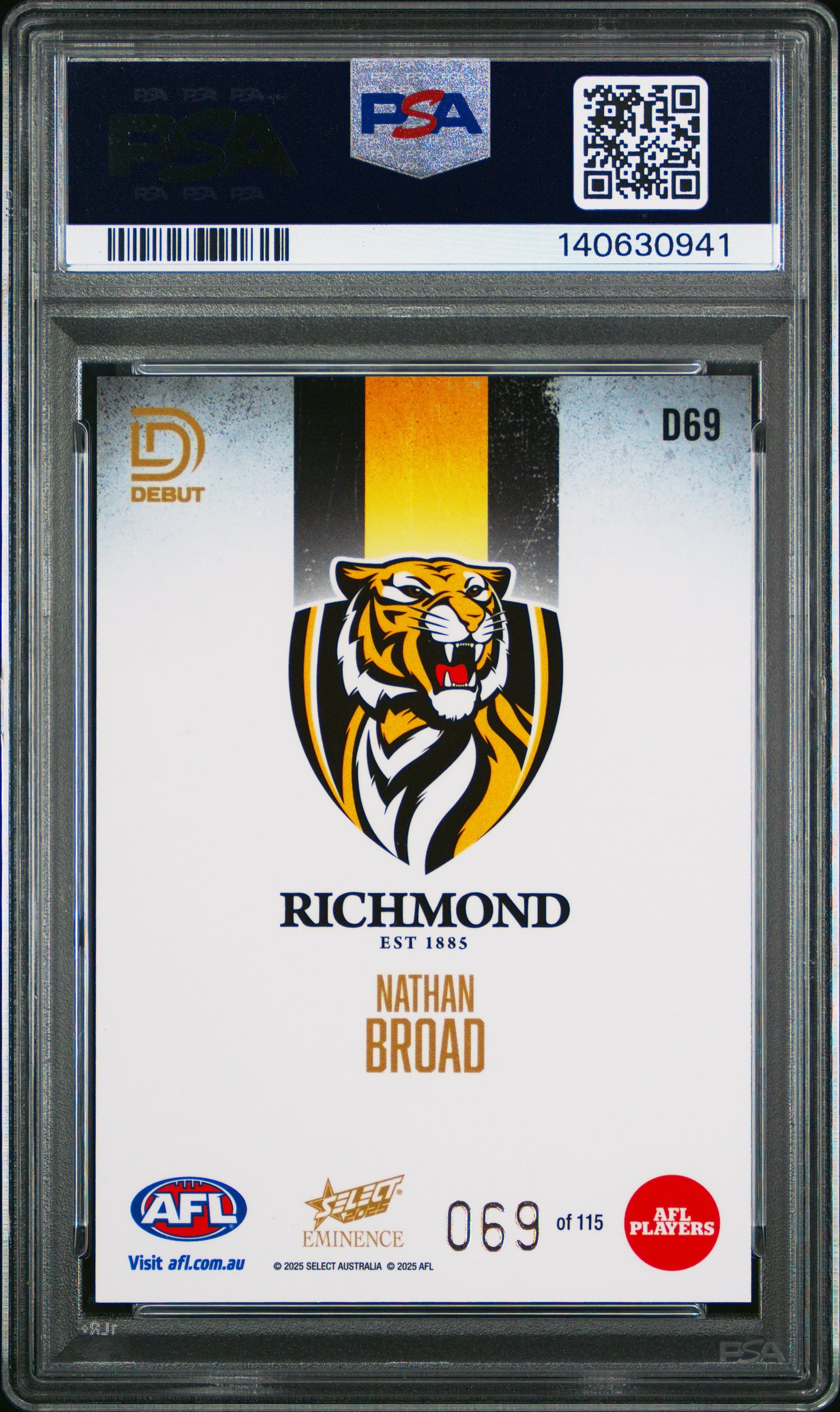 PSA 9 - Nathan Broad #D69 Debut 2025 SELECT Eminence - AFL