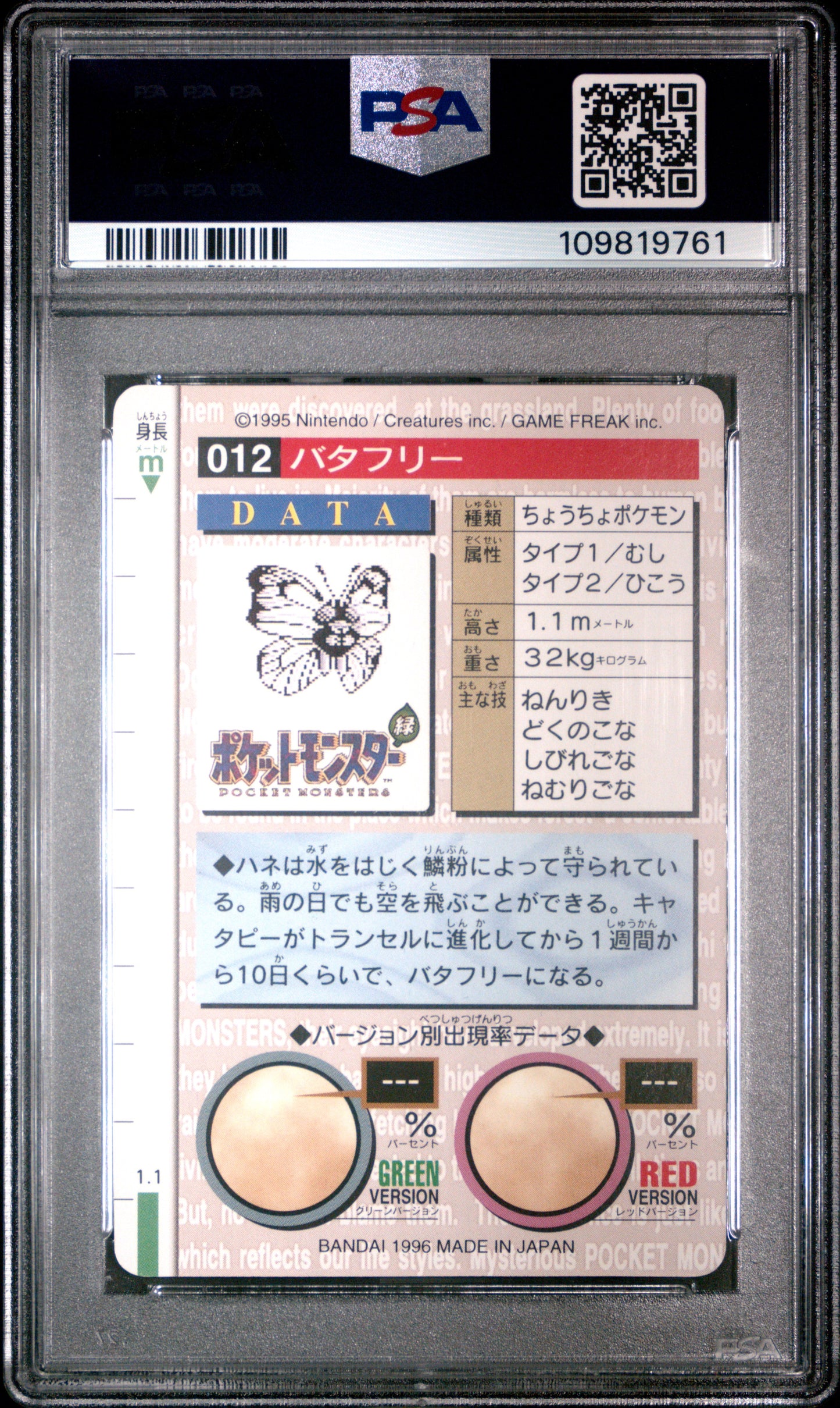 PSA 9 - Butterfree #12 1996 JPN Bandai Carddass Vending - Pokemon