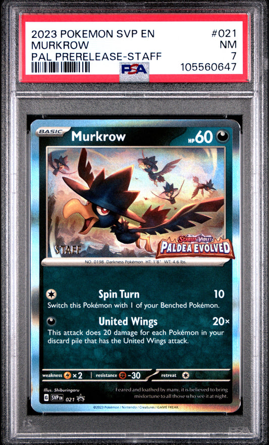 PSA 7 - Murkrow SVP021 Paldea Evolved STAFF Prerelease Promo - Pokemon
