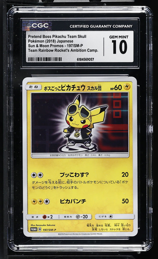 CGC 10 - Pretend Boss Pikachu Team Skull 197/SM-P Japanese Promo x057 - Pokemon