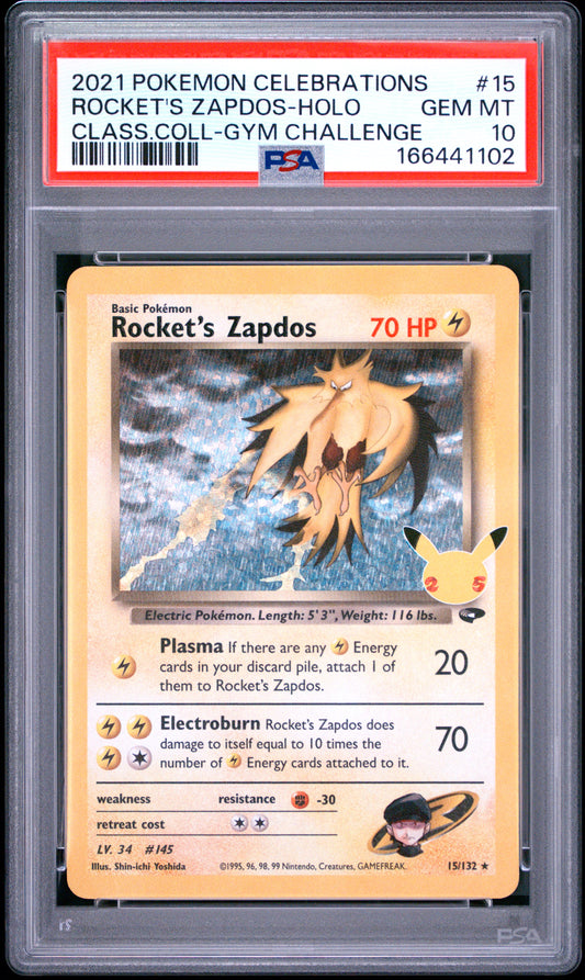 PSA 10 - Rocket's Zapdos Holo 15/132 SWSH Celebrations Classic x102 - Pokemon
