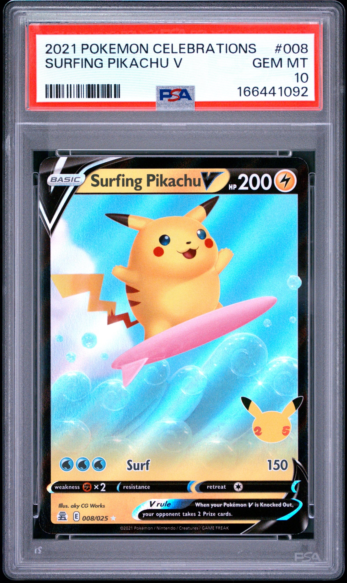 PSA 10 - Surfing Pikachu V 008/025 SWSH Celebrations x092 - Pokemon
