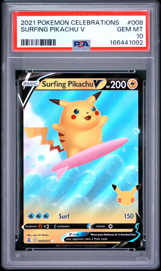 PSA 10 - Surfing Pikachu V 008/025 SWSH Celebrations x092 - Pokemon