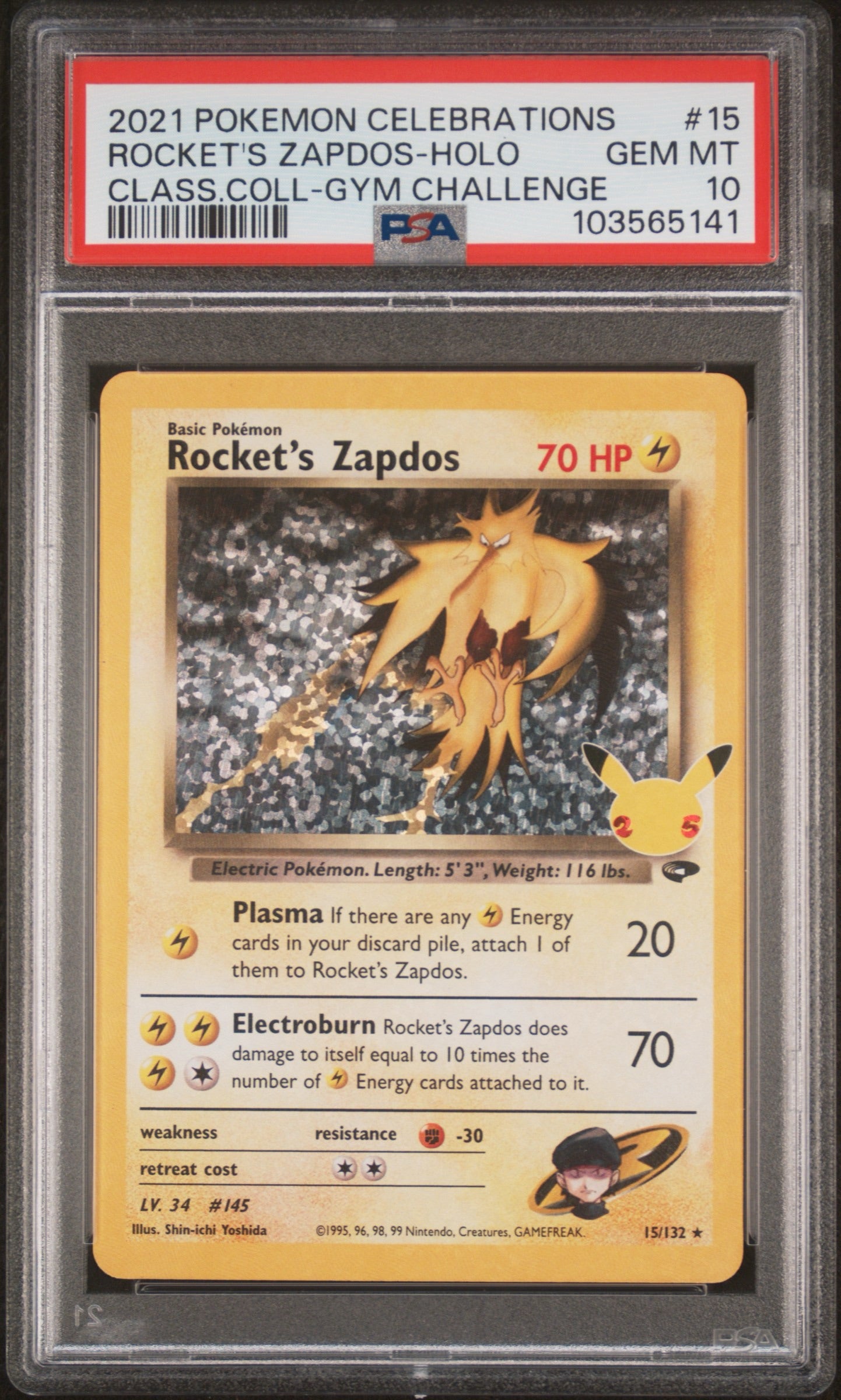 PSA 10 - Rocket's Zapdos 15/132 SWSH Celebrations Classic Collection - Pokemon