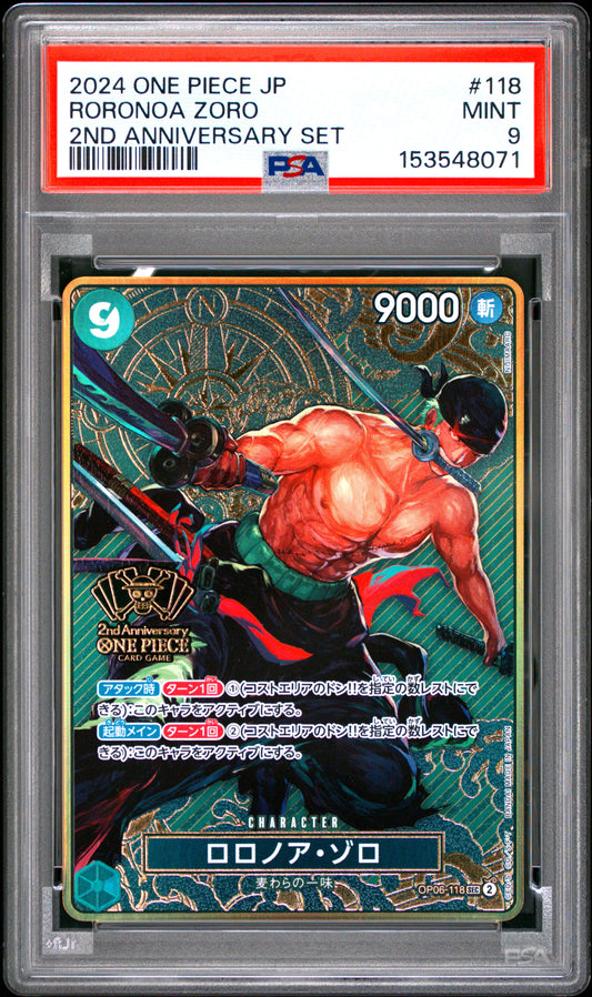 PSA 9 - Roronoa Zoro OP06-118 EN 2nd Anniversary Set JPN x071 - One Piece