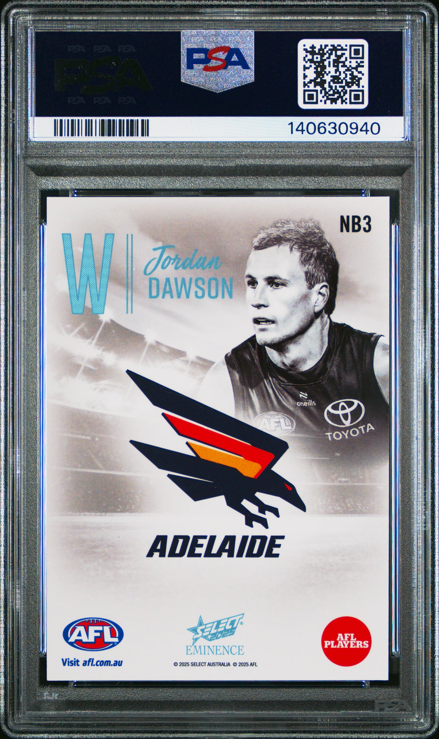 PSA 9 - Jordan Dawson W #NB3 Nameplate Black 2025 SELECT Eminence - AFL