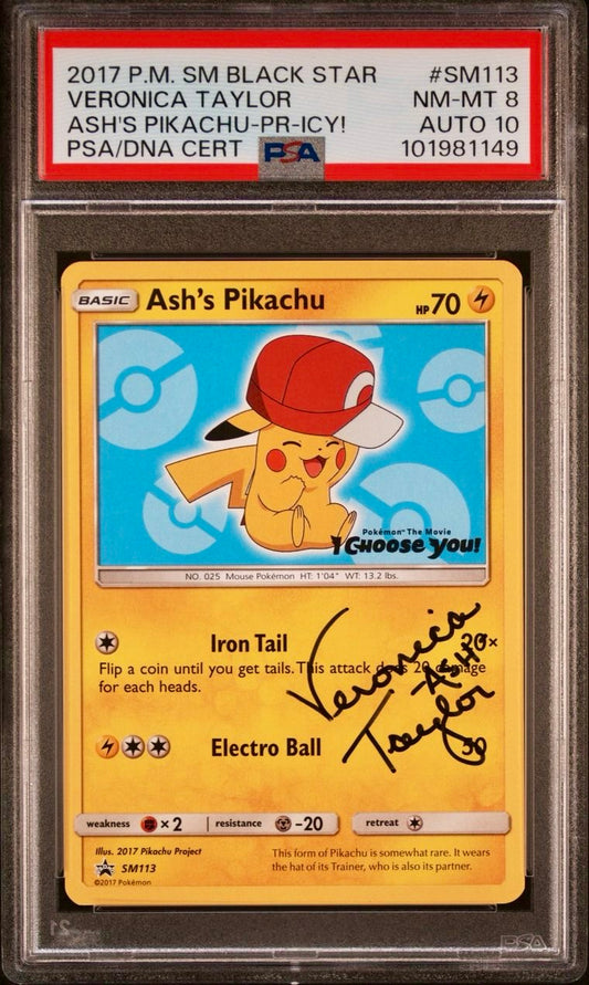 PSA 8 / AUTO 10 - Ash’s Pikachu SM113 Veronica Taylor - Pokemon