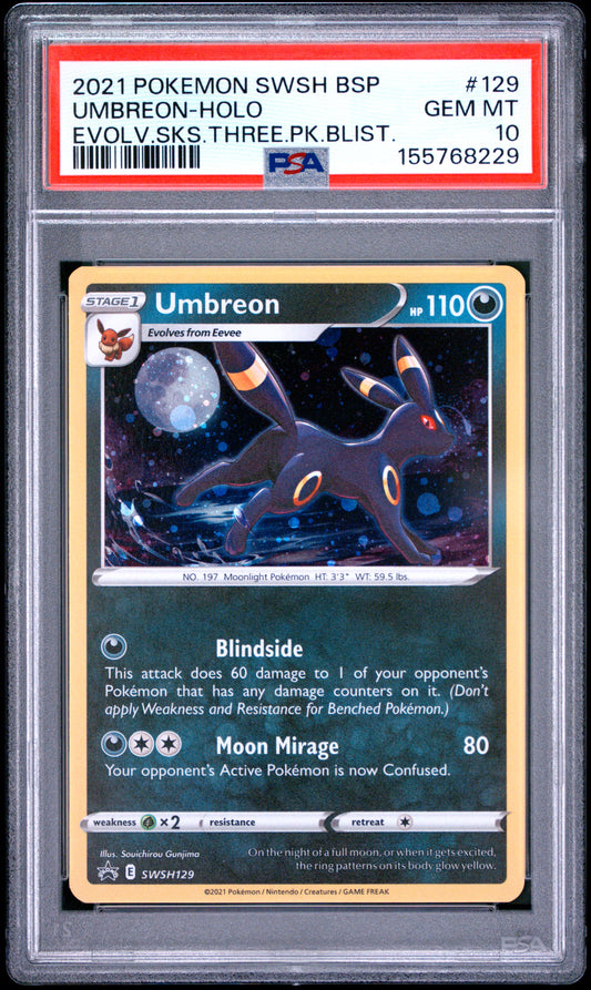 PSA 10 - Umbreon Holo SWSH129 Evolving Skies Three Pack Blister x229 - Pokemon