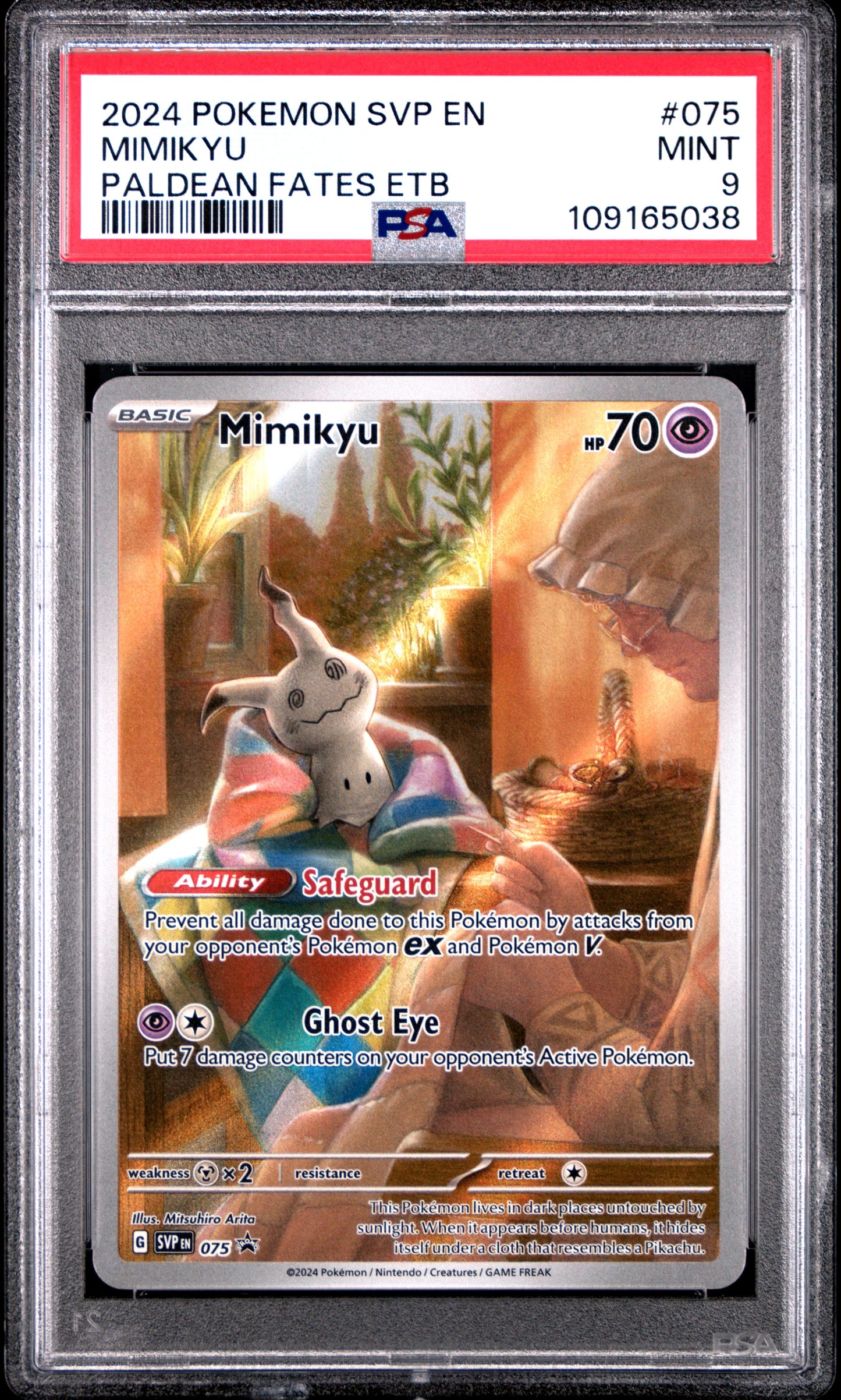PSA 9 - Mimikyu Art Rare SVP075 Paldean Fates ETB Promo - Pokemon