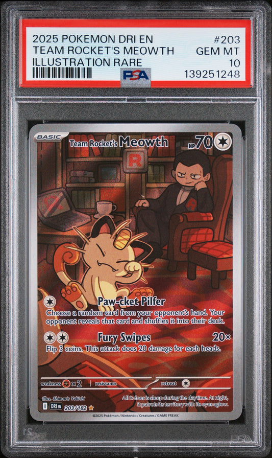 PSA 10 - Team Rocket's Meowth 203/182 IR MEG Destined Rivals - Pokemon