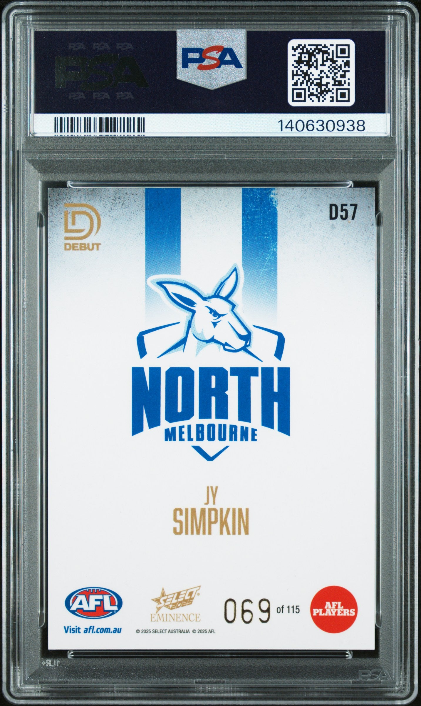 PSA 9 - Jy Simpkin #D57 Debut 2025 SELECT Eminence - AFL