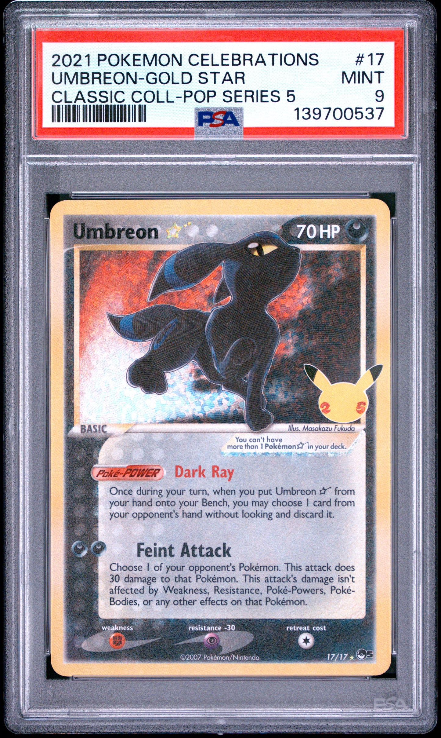 PSA 9 - Umbreon Gold Star 17/17 SWSH Celebrations Classic Coll x537 - Pokemon