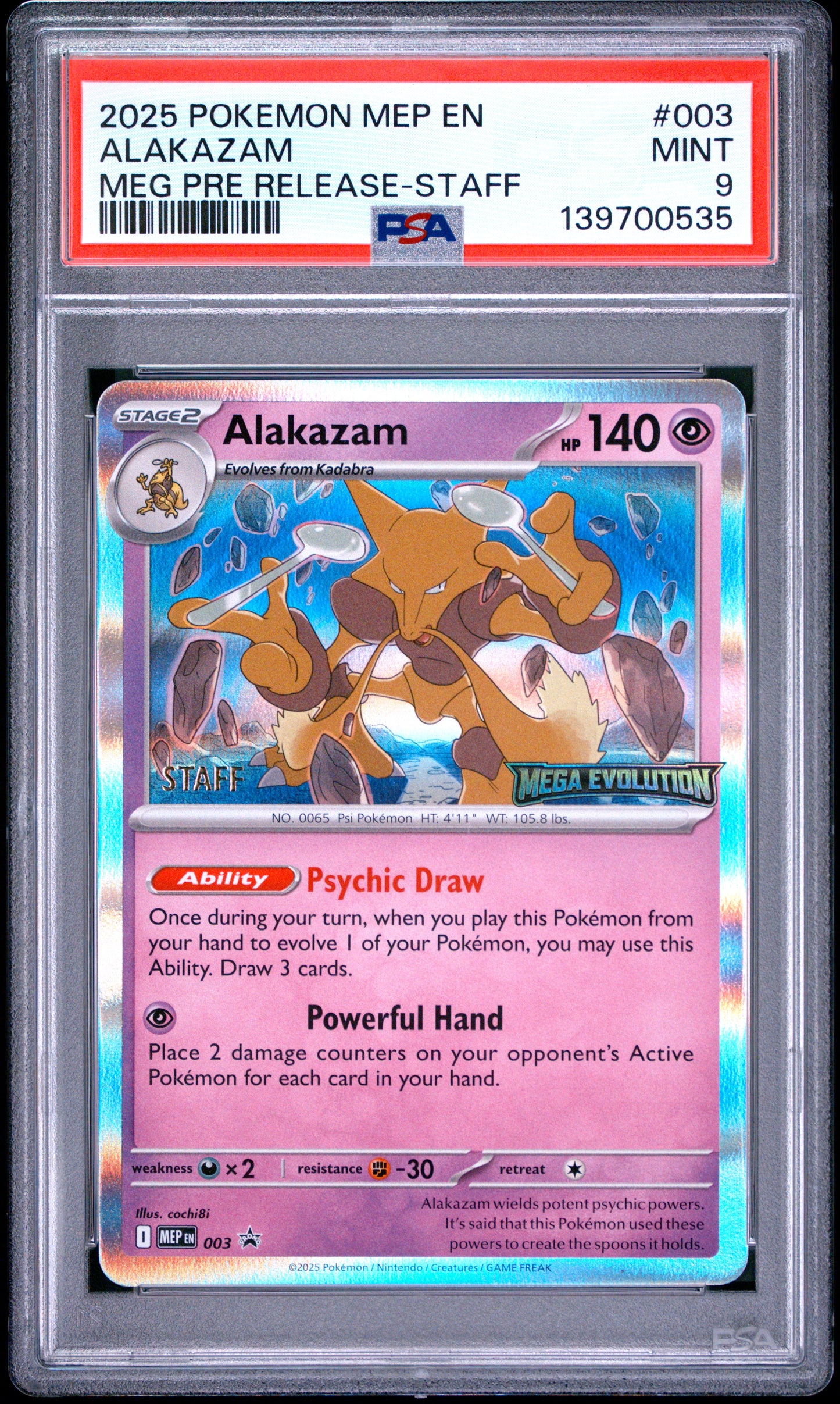 PSA 9 - Alakazam 003/132 Mega Evolution Prerelease STAFF Promo x535 - Pokemon