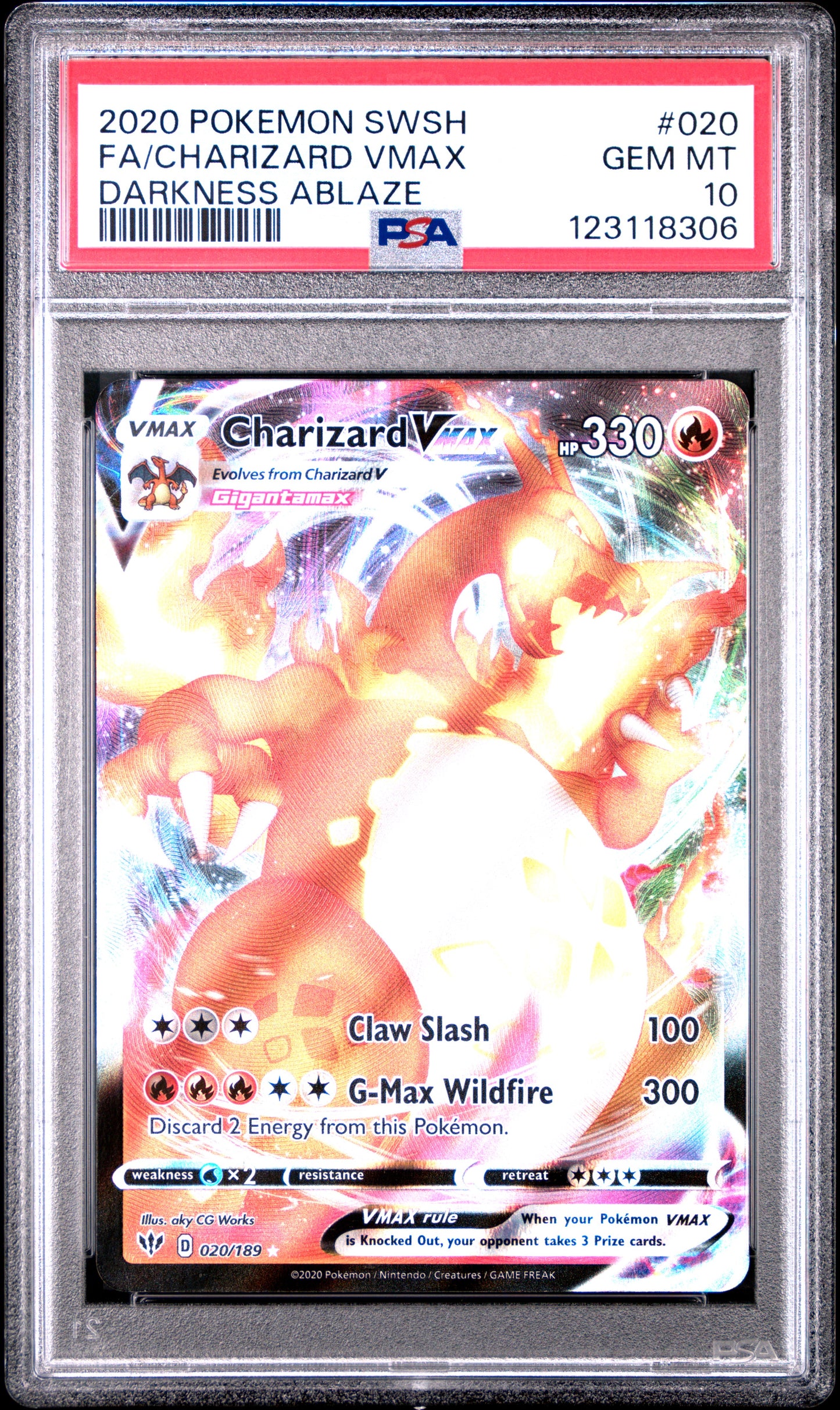 PSA 10 - Charizard VMAX 020/189 SWSH Darkness Ablaze - Pokemon