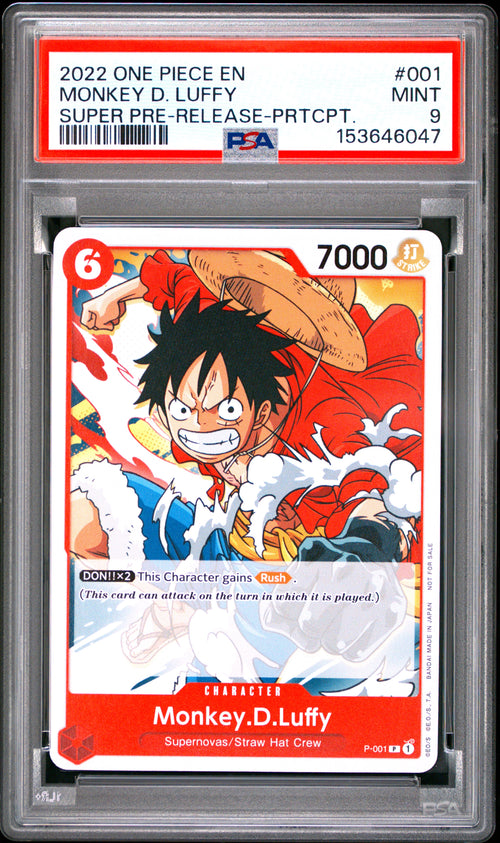 PSA 9 - Monkey D. Luffy P-001 Super Pre-Release Promo x047 [JEC] - One Piece