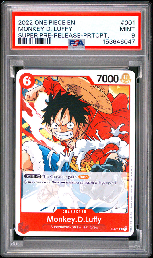 PSA 9 - Monkey D. Luffy P-001 Super Pre-Release Promo x047 [JEC] - One Piece