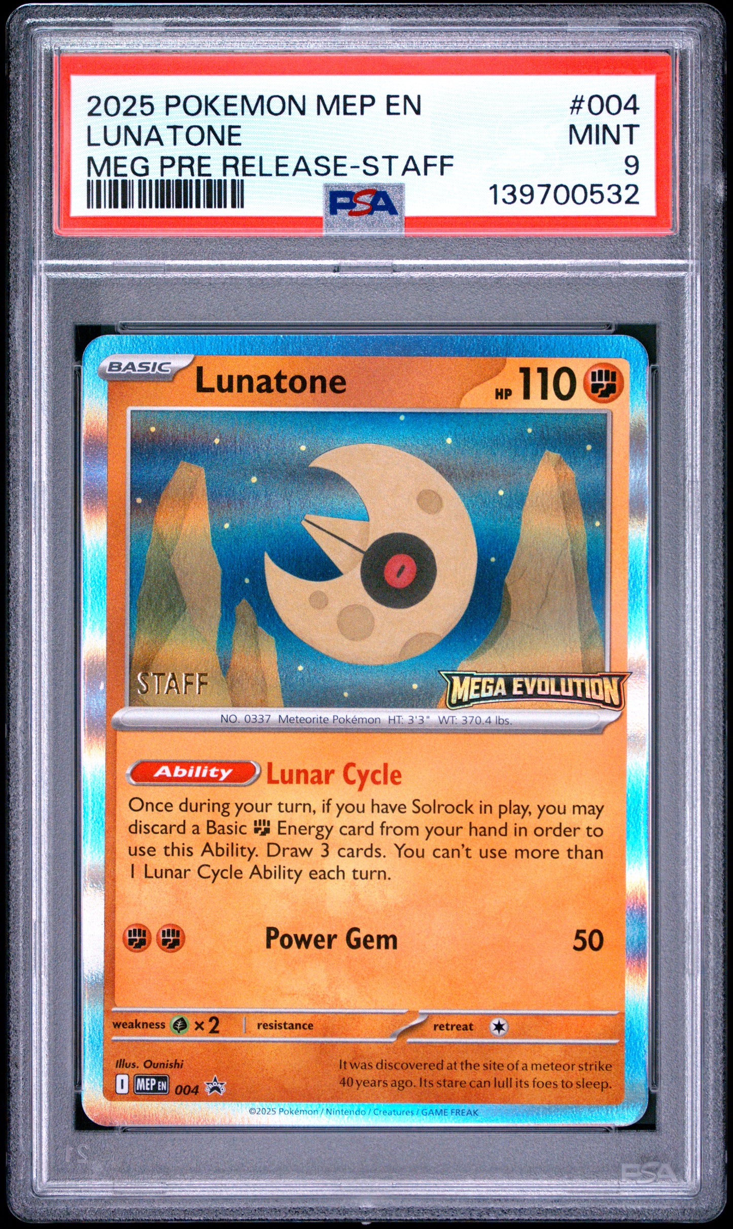 PSA 9 - Lunatone 004/132 Mega Evolution Prerelease STAFF Promo x532 - Pokemon