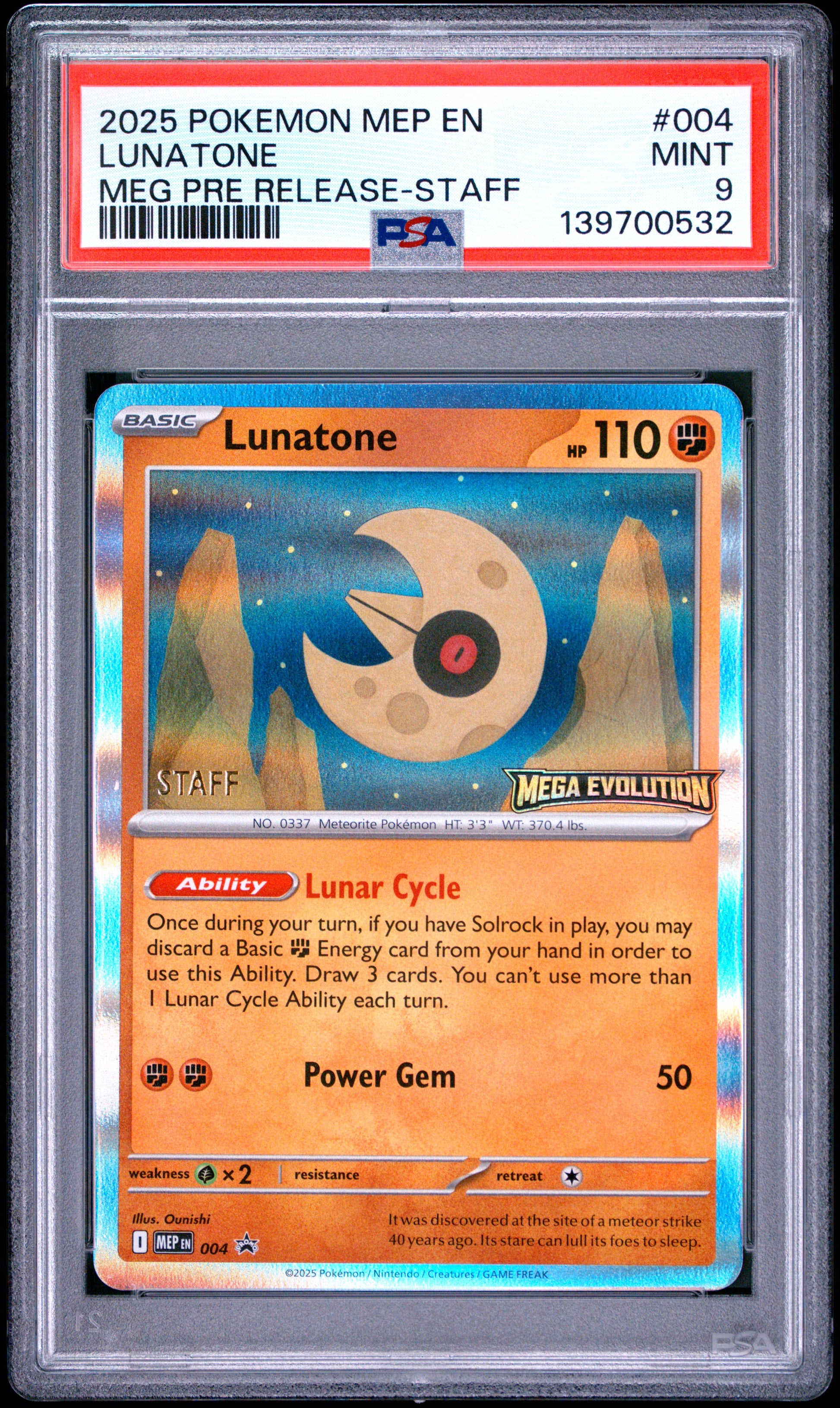 PSA 9 - Lunatone 004/132 Mega Evolution Prerelease STAFF Promo x532 - Pokemon