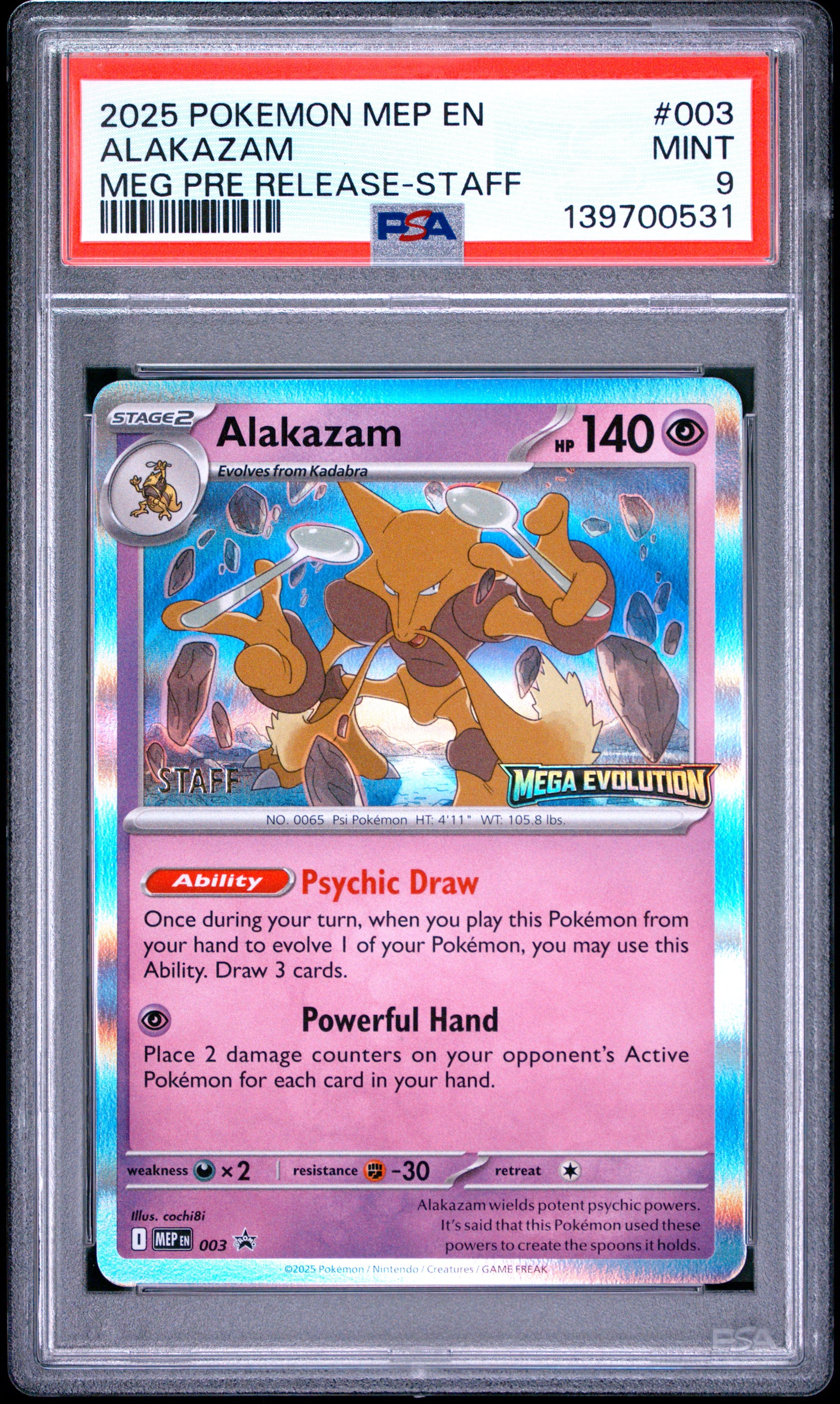 PSA 9 - Alakazam 003/132 Mega Evolution Prerelease STAFF Promo x531 - Pokemon